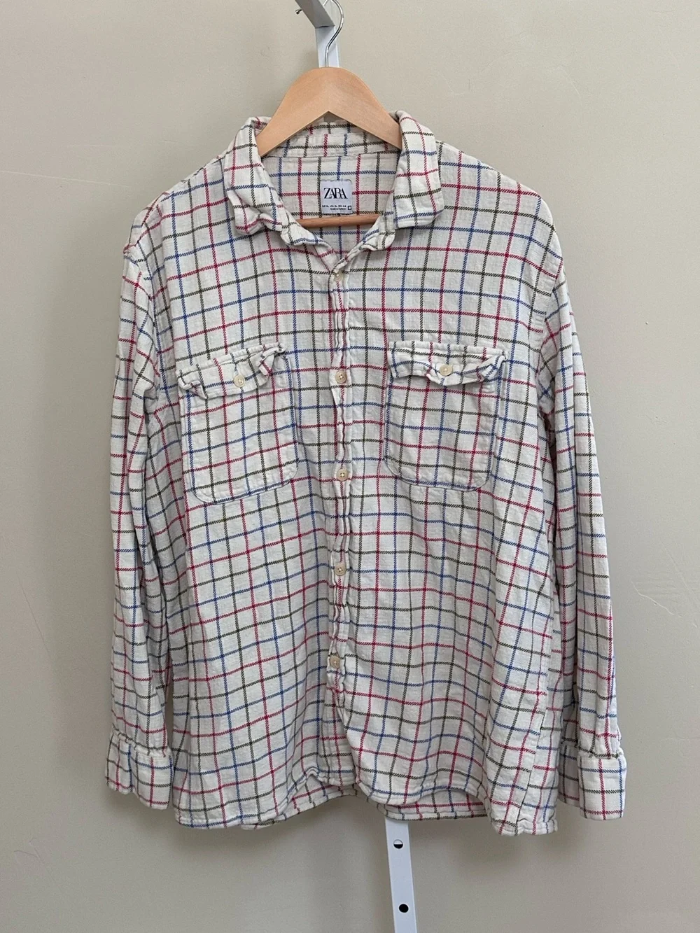 Zara XL Cream Multicolor Plaid Oversized Button-Down Flannel Shirt